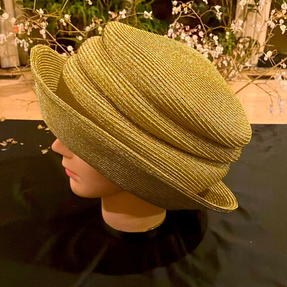 Gold Wide Brim Hat with Ribbed Texture - Picture 2 of 5